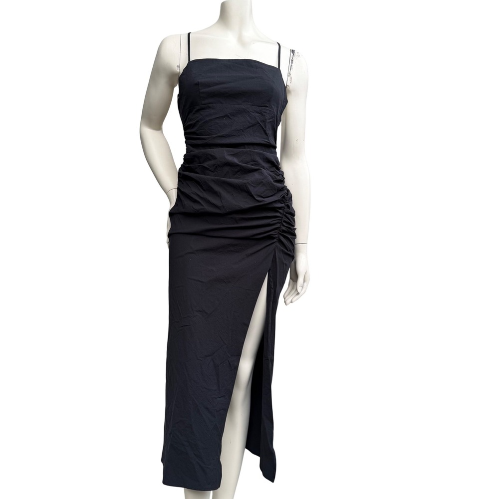 Zara Midi Dress Ruched Side High Slit Minimalist Grunge 90s Black Size S